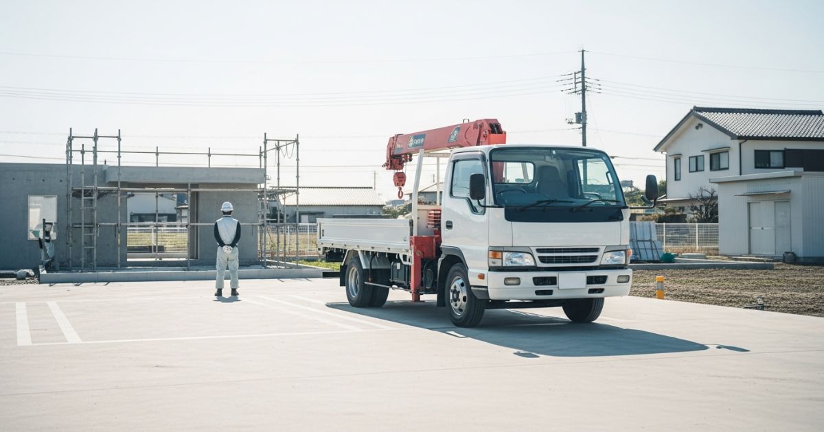 日本の建設現場に停車している2トントラックの外観
