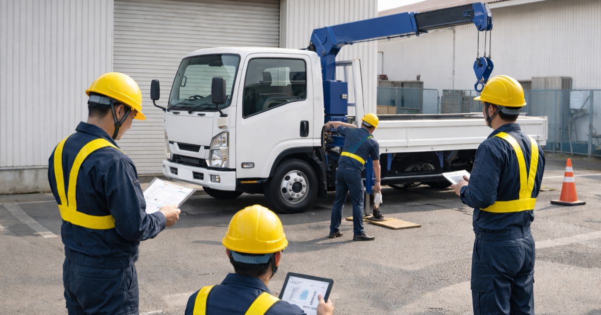 3tユニックの安全体制と書類確認をしている現場の様子