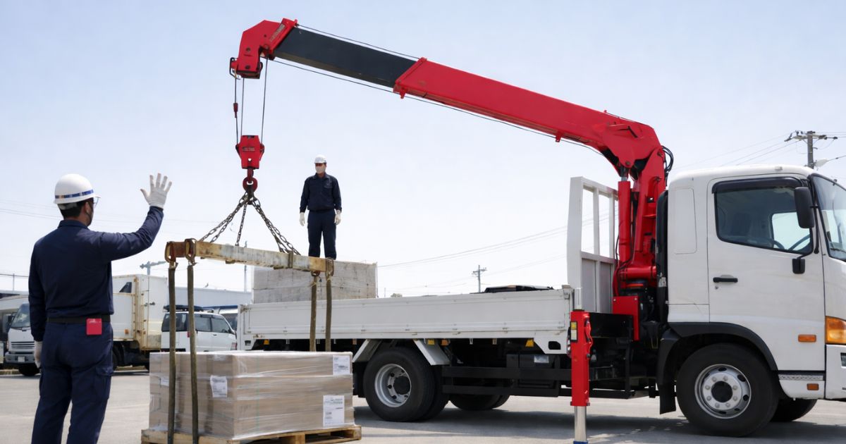 クレーン車が吊り作業で荷を移動している現場の様子(合図者がいる)