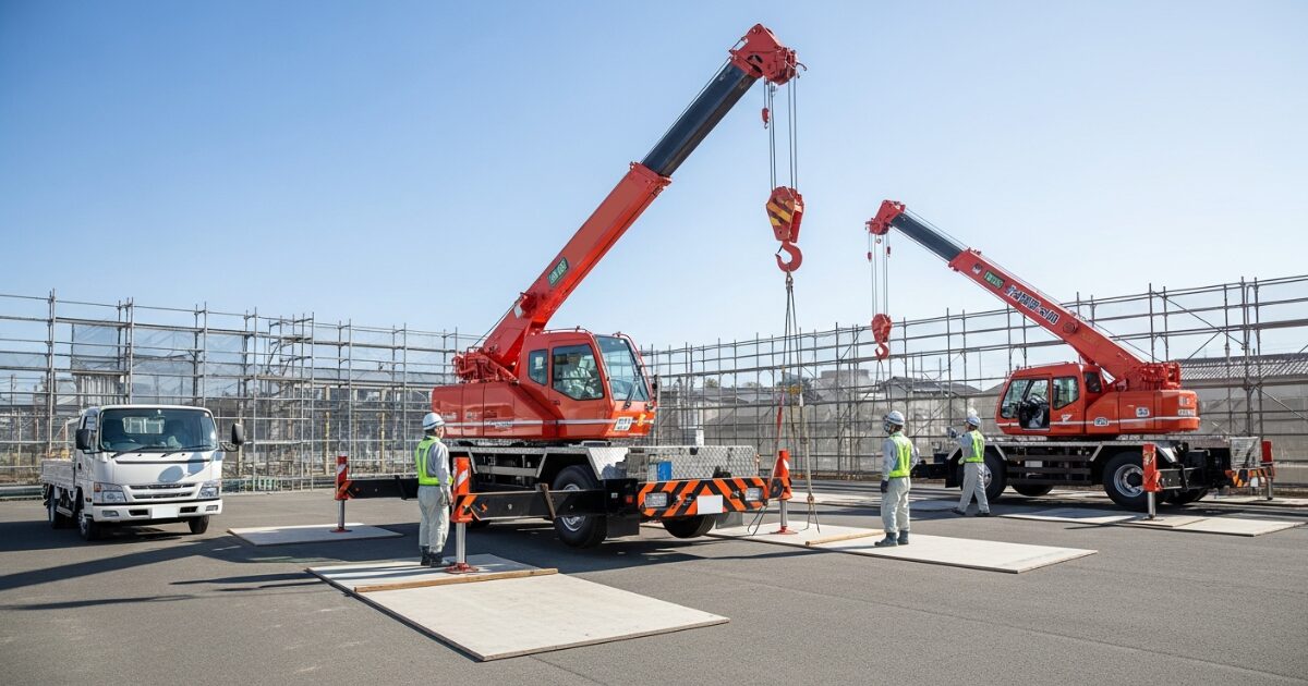 前吊り側で作業半径と合図位置を事前確認している小型トラック搭載クレーンの現場風景