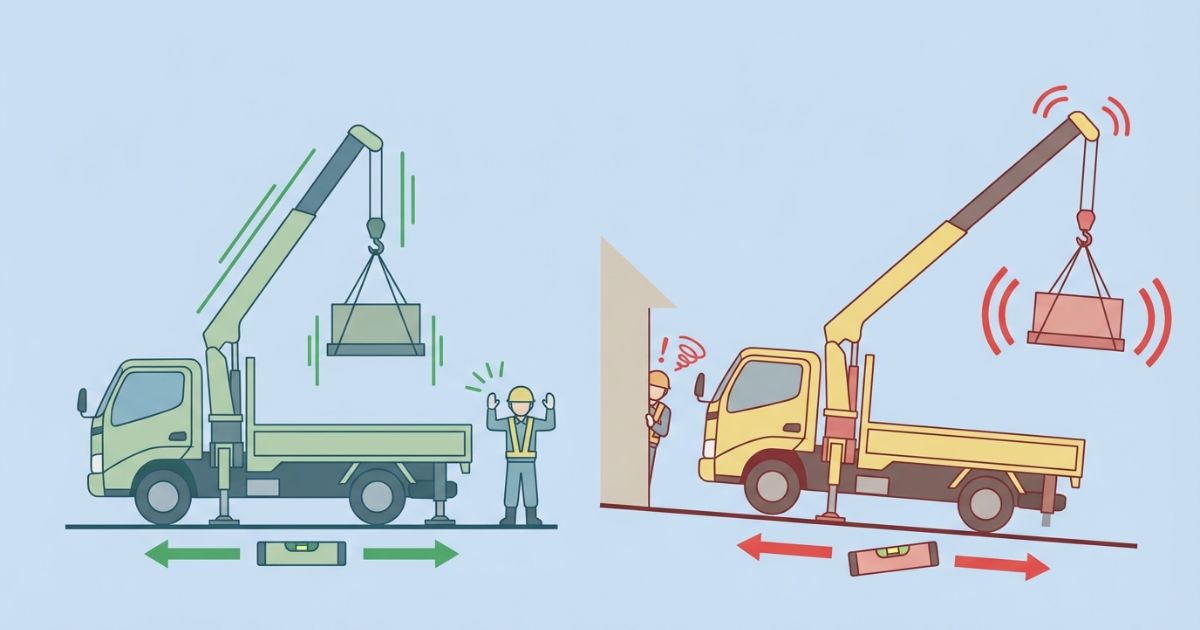 前吊りで安定側と危険側の違いを比較した図解