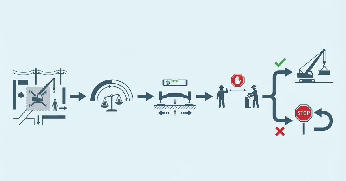 吊り上げ作業の開始前確認から中断判断までの流れを示した図解