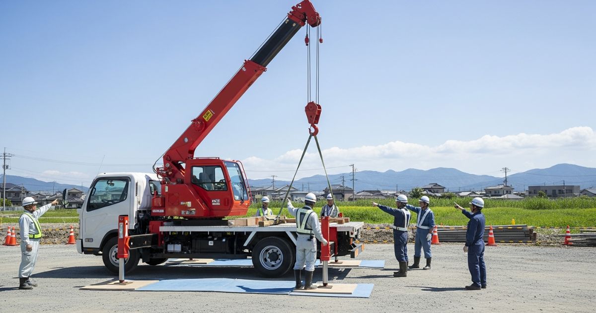 吊り上げ作業の開始前に作業半径と合図体制を確認している小型トラック搭載クレーンの全体構図