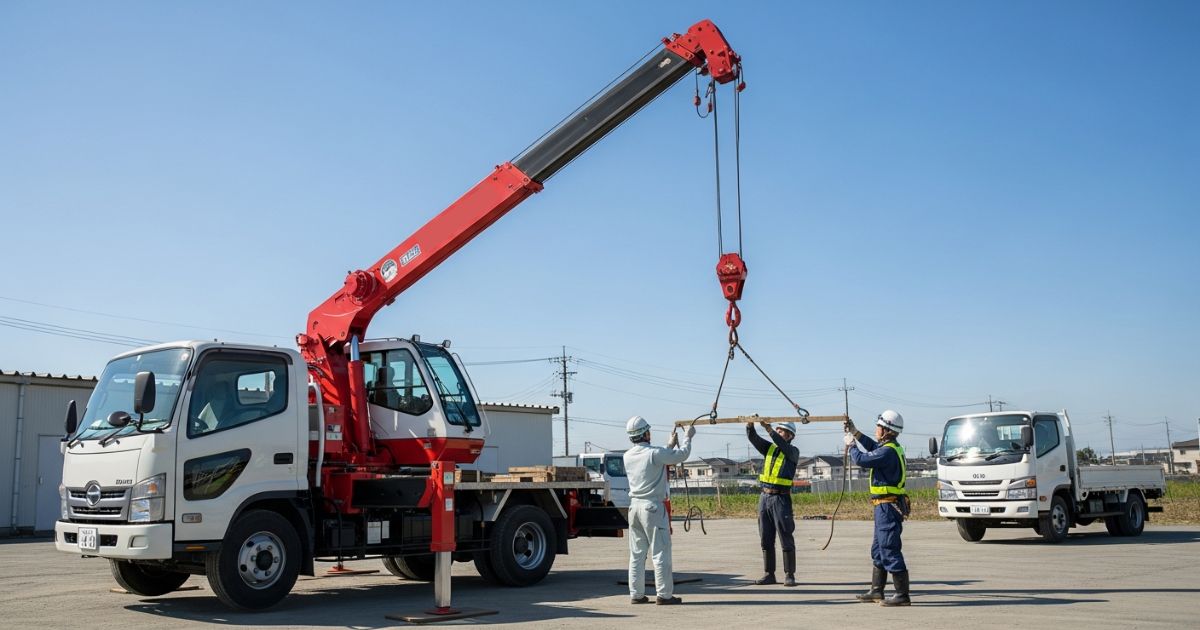 吊り上げ開始前に吊り点と吊り具の適合を確認している準備作業の様子