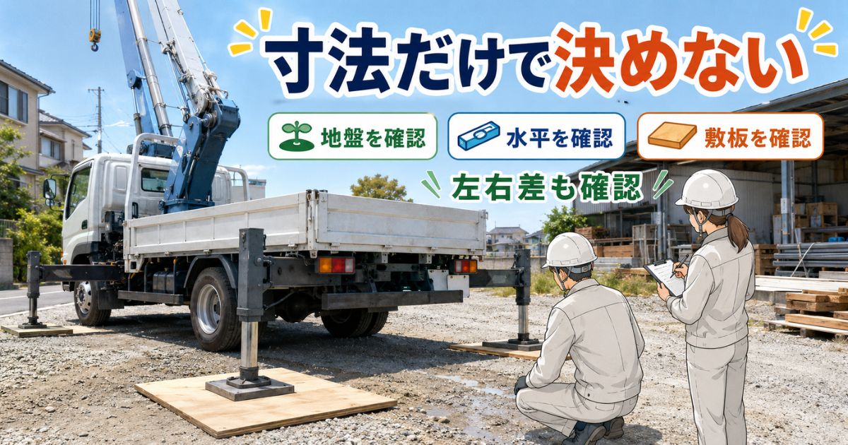 アウトリガーの張り出しを寸法だけで決めず地盤・水平・敷板を確認している作業前の様子