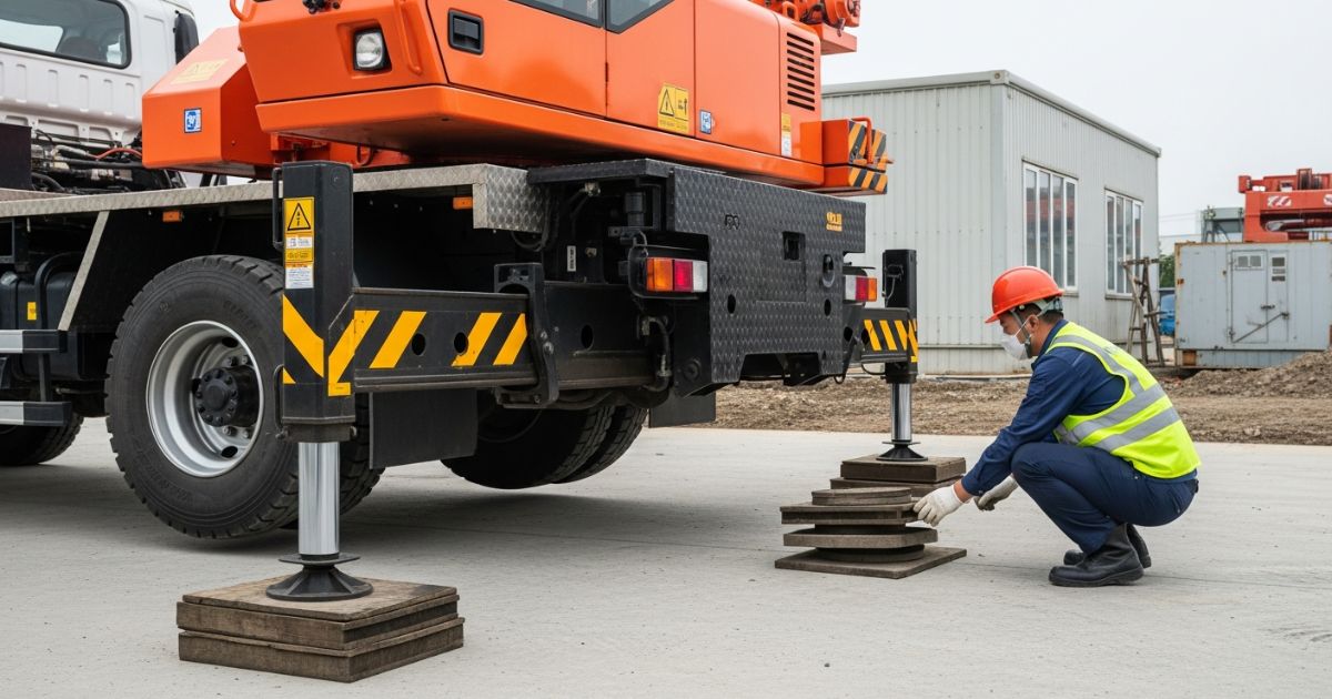 アウトリガー下の敷板設置と地盤状態を確認している作業前点検の様子