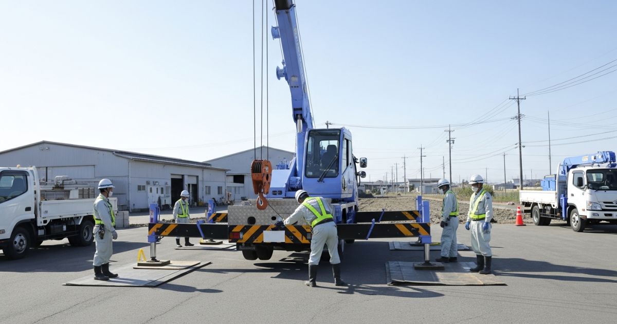 アウトリガーを展開した小型ユニック車が作業前に安定条件を確認している全体構図