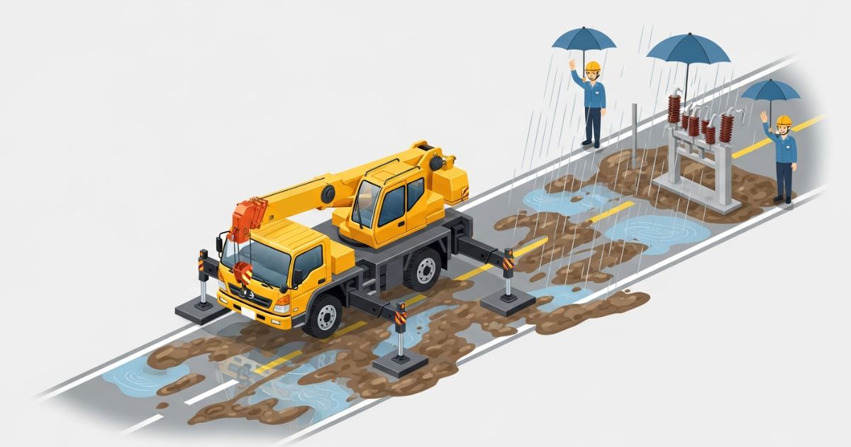 雨の日の現場で小型ユニック車が敷板の上にアウトリガーを展開し、周囲が濡れた状態で安全確認している様子