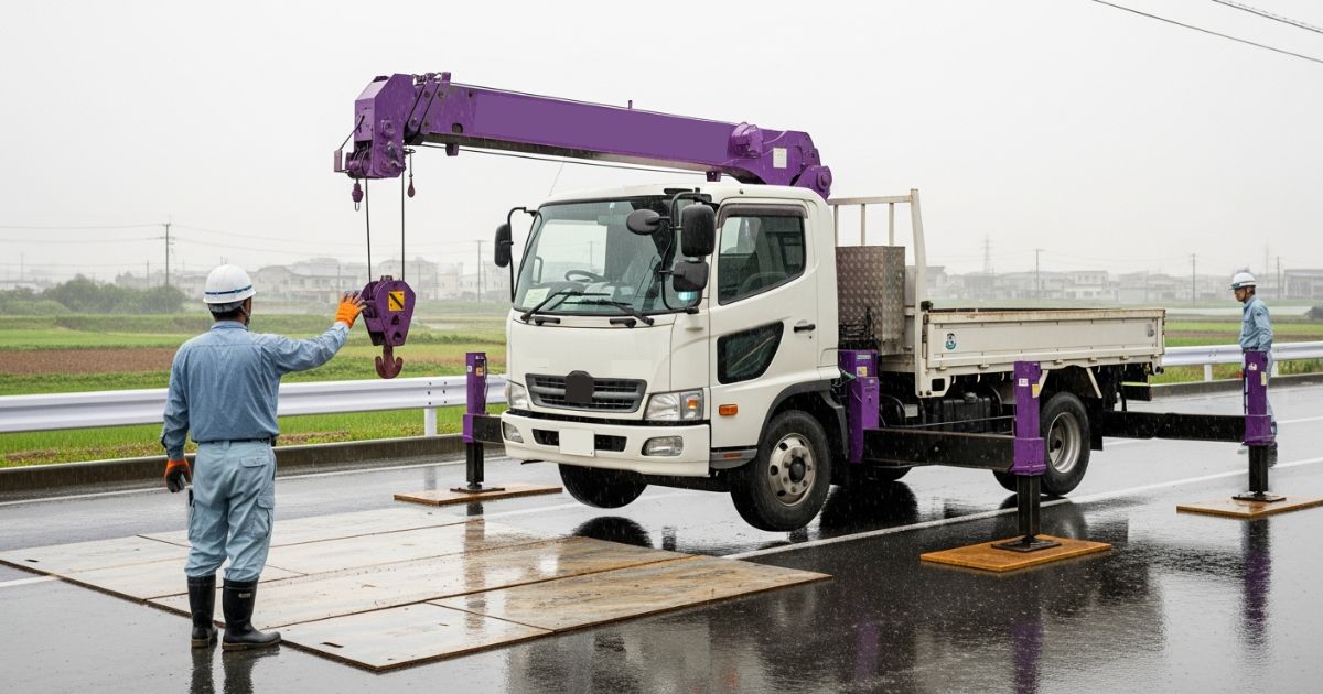 雨天の路面で小型ユニック車がアウトリガーと敷板を設置し、合図者が手合図で作業前確認している様子