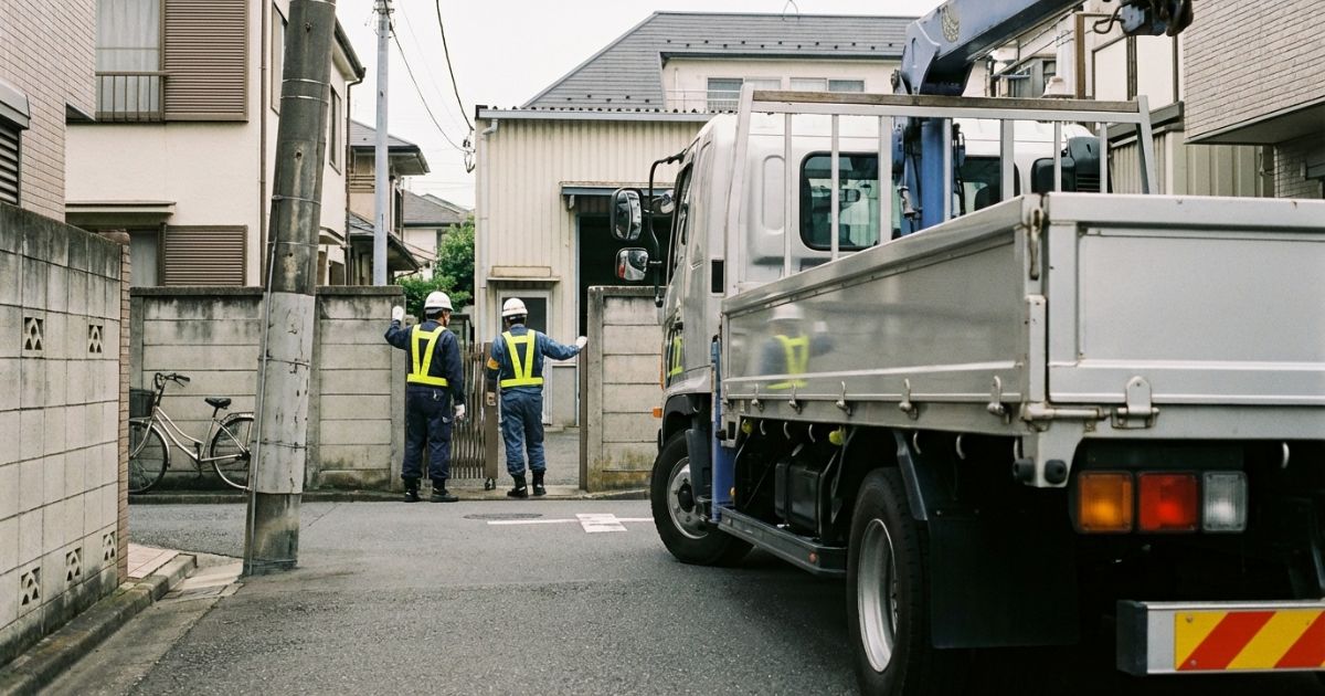 屋内通路の梁や配管の手前でユニック車が車高のボトルネックを確認している様子
