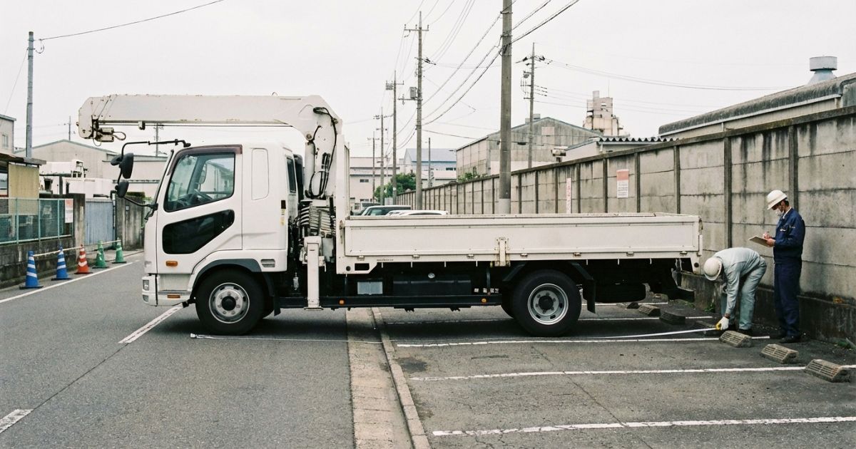 ユニック車の停車スペースと待機可否を事前に確認している様子