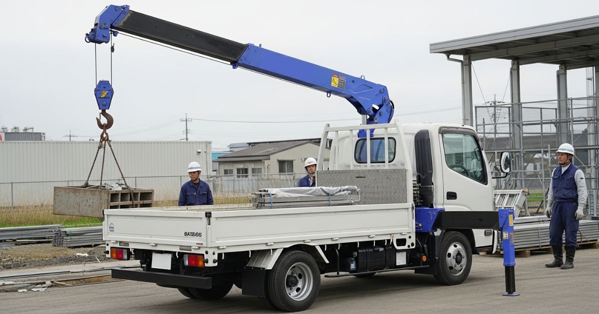 建設現場でクレーン装置を搭載したトラックが資材を吊り上げている様子