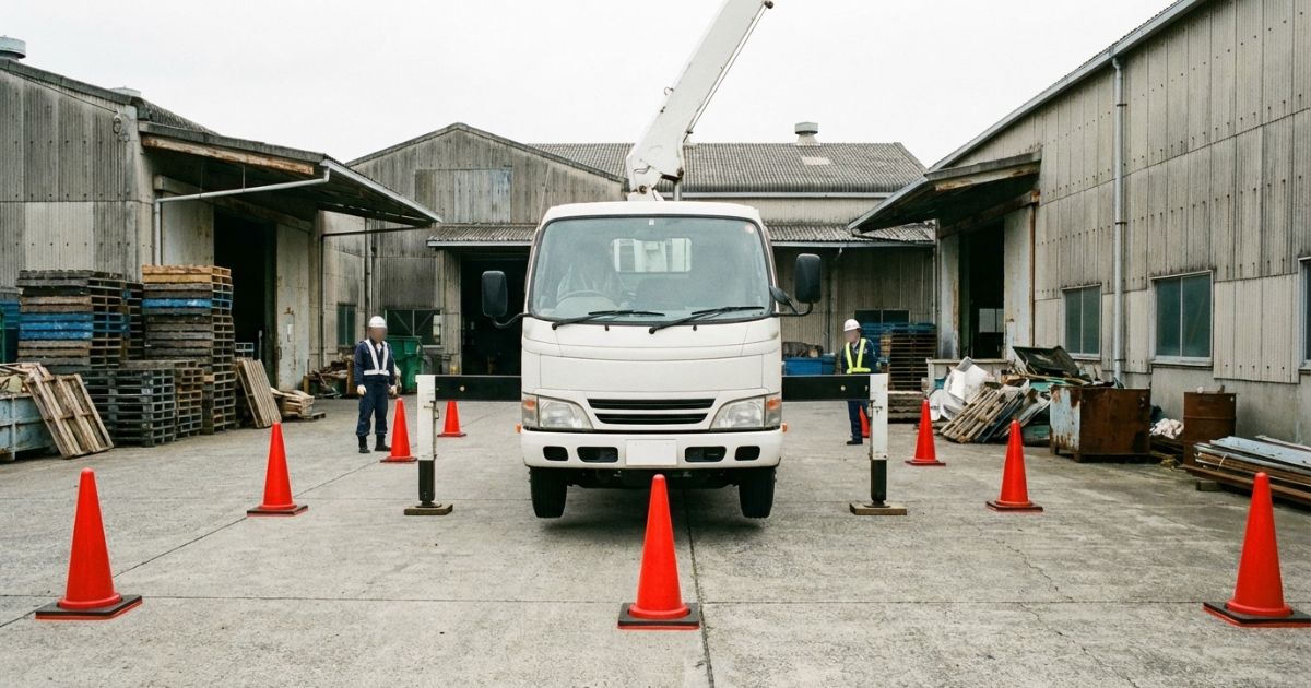 アウトリガー展開時に必要な設置幅を確認する準備風景