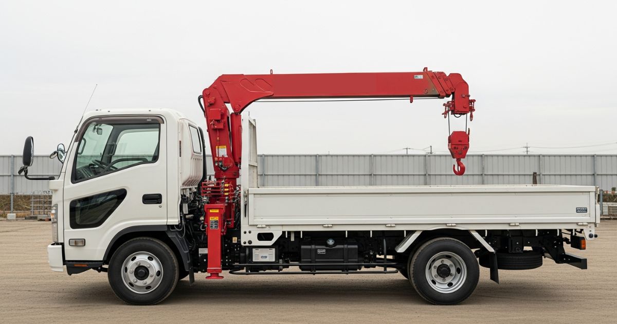 建設現場で停車しているクレーン装置付きトラックを真横から見た構造イメージ