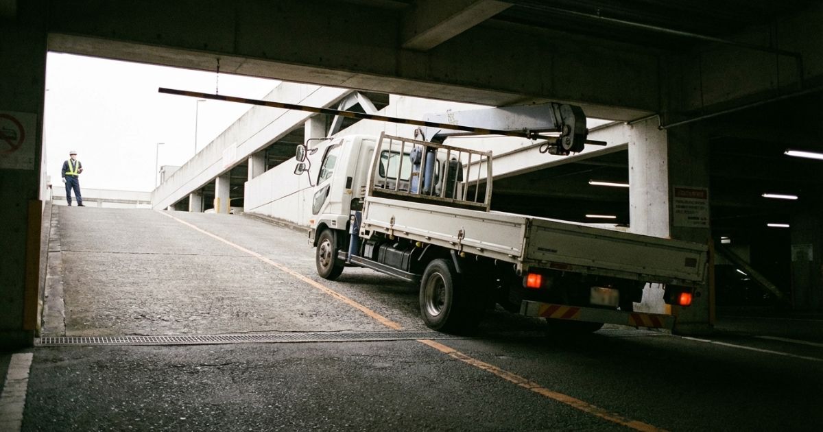 立体駐車場の入口とスロープでユニック車が車高と姿勢変化のリスクを確認する場面