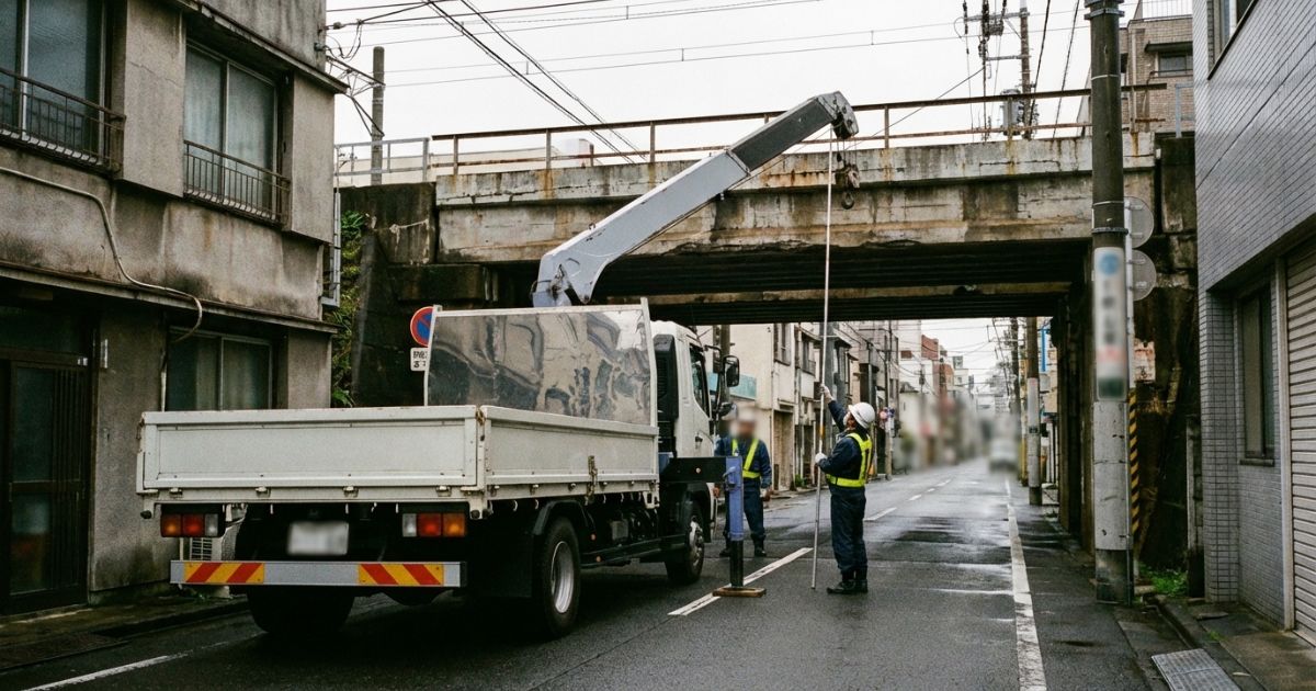 高架下の手前でユニック車が車高と上方向の余裕を確認して停止している様子