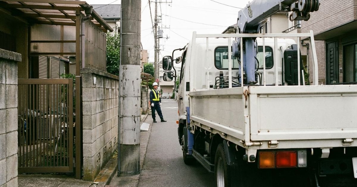 狭い生活道路の最狭部でユニック車がミラーなどの張り出しを含めて通行幅を確認している様子