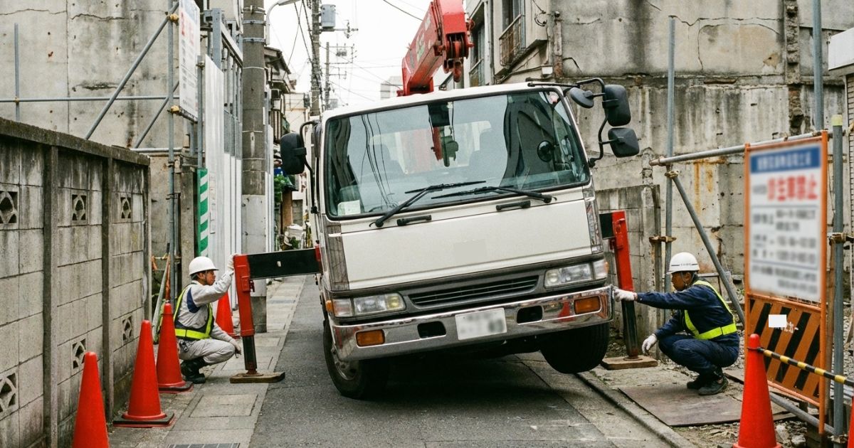 停車後にアウトリガーを展開するための占有幅と安全距離をユニック車が確認している様子