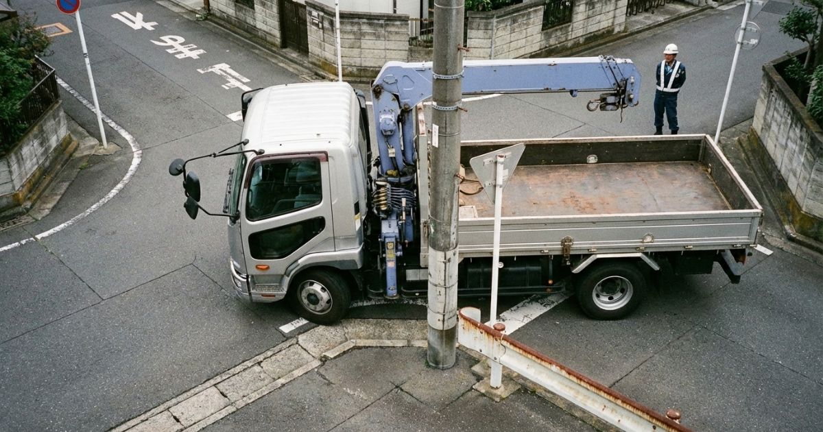 狭い曲がり角でユニック車が内輪差と内側障害物を考慮して切り返しを判断している場面