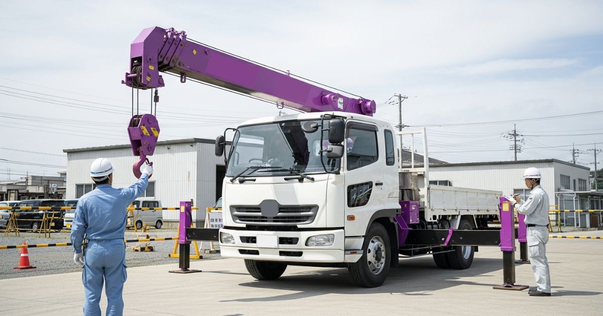 始業前にユニック車を無負荷で作動確認し、異音や動きの違和感を点検記録につなげる様子