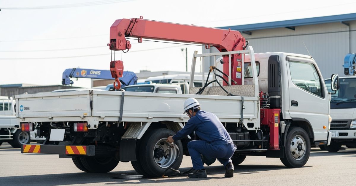 始業前に小型ユニック車の外周とクレーン周辺を目視で日常点検している様子