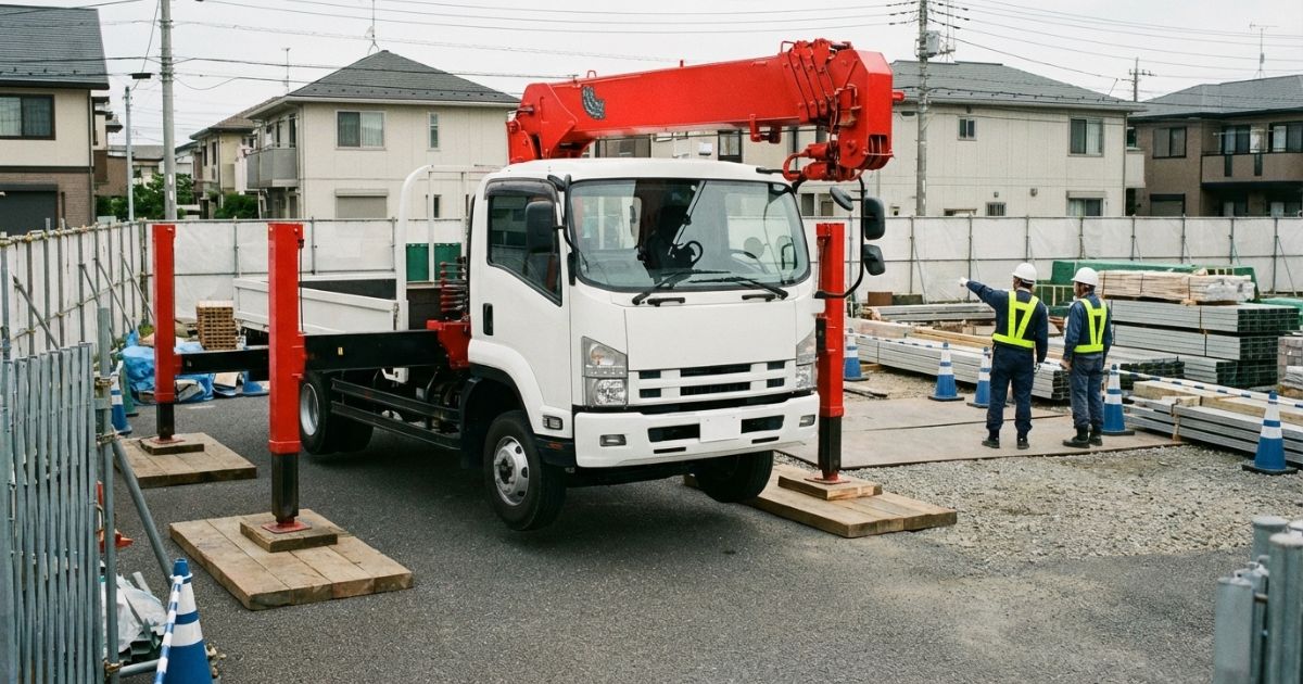 アウトリガーを張り出して設置し、作業者が作業範囲を確認してから判断しているクレーン付きトラックの現場