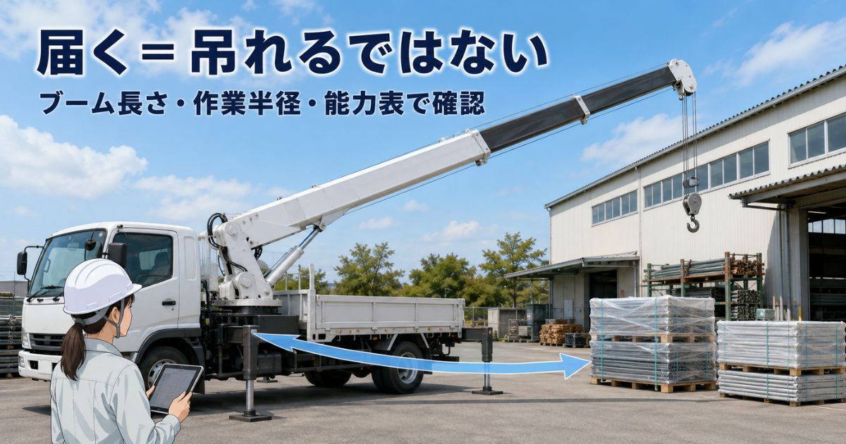 ブームが荷へ届いていても作業半径と能力表の確認が必要なことを示すクレーン付きトラック