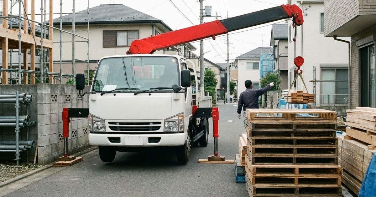 障害物のため車両を寄せられず、ブームを伸ばして作業半径が大きくなっているクレーン付きトラックの様子