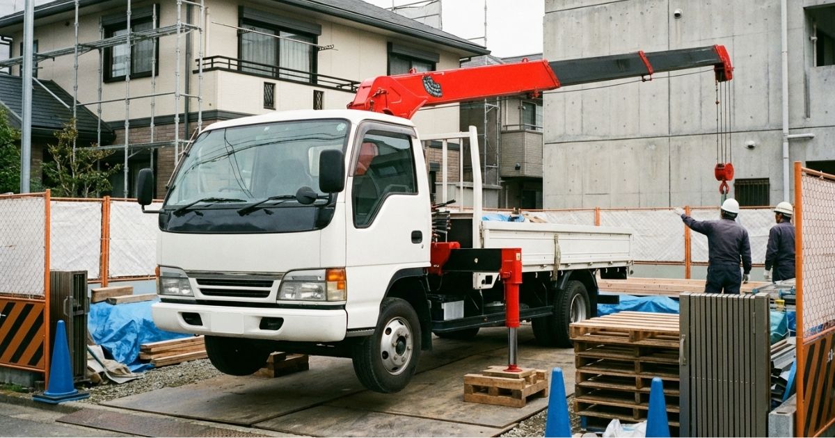 日本の建設現場でアウトリガーを張り出して停車し、ブームを伸ばして作業準備をするクレーン付きトラック