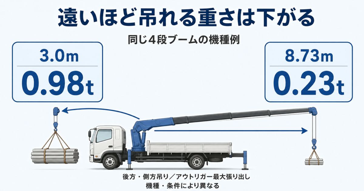 同じ4段ブームの機種例で作業半径3.0mでは0.98t、8.73mでは0.23tとなる比較図解