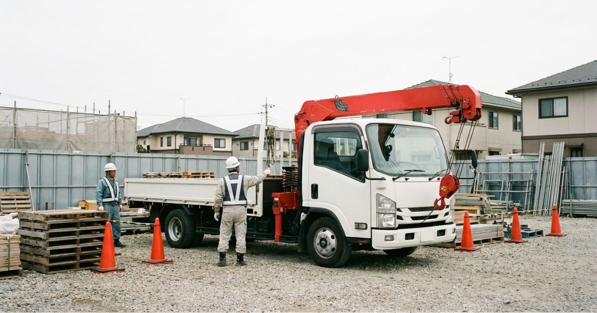 ブームを格納したクレーン付きトラックの横で、作業者が走行前の確認をしている様子