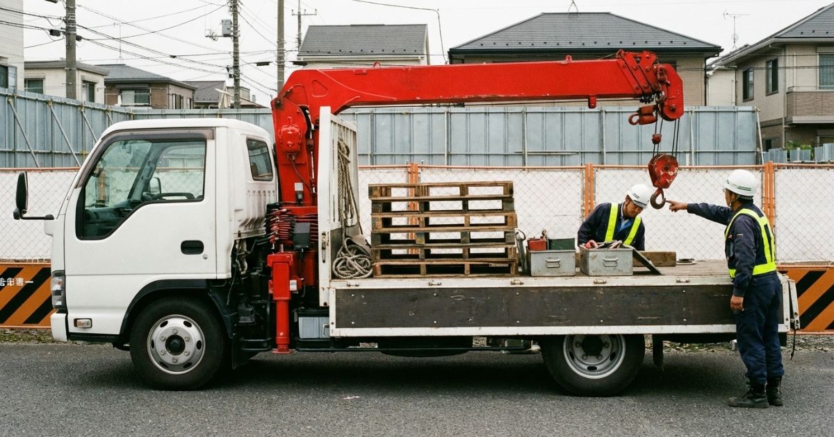 ブームは畳まれているが、フック周りの固定や干渉を作業者が最終確認している場面