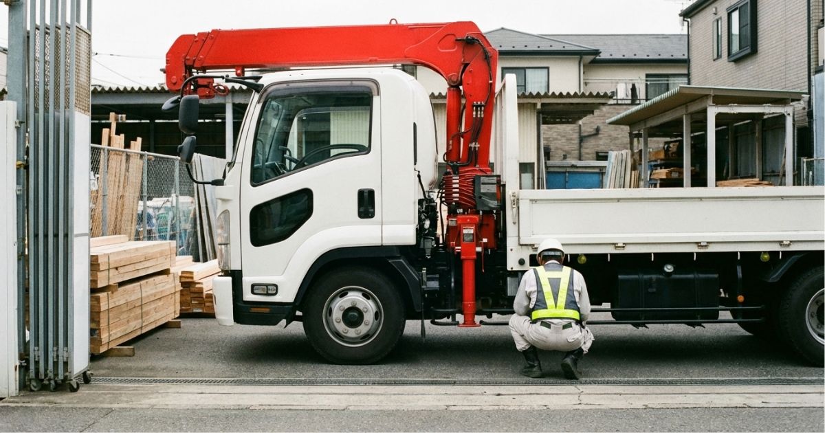 ブームを所定位置に格納し、固定と干渉の走行前確認を行っているクレーン付きトラック