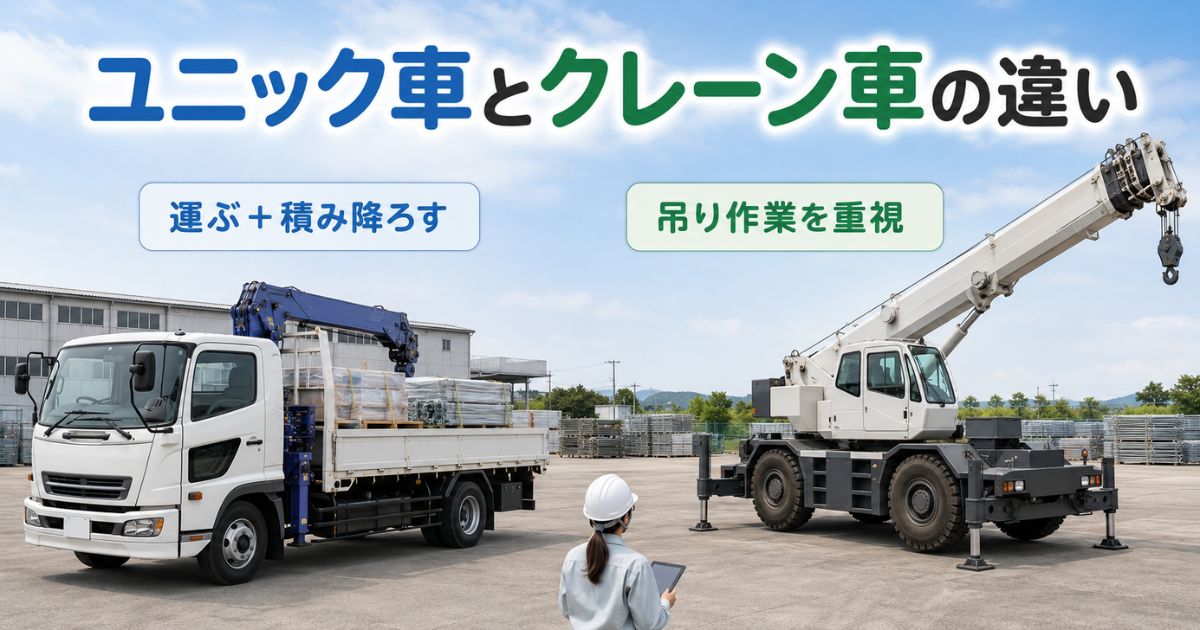 荷台付きの積載形トラッククレーンと吊り作業用の専用クレーン車の違いを比較した画像