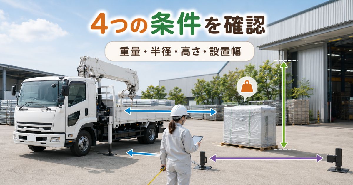 ユニック車を手配する前に重量・作業半径・高さ・アウトリガー設置幅を現地確認する様子