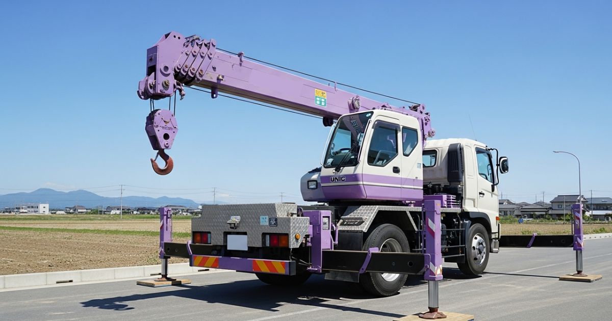 ユニック車がアウトリガーを左右に張り出して接地し、敷板で安定を確保している全景