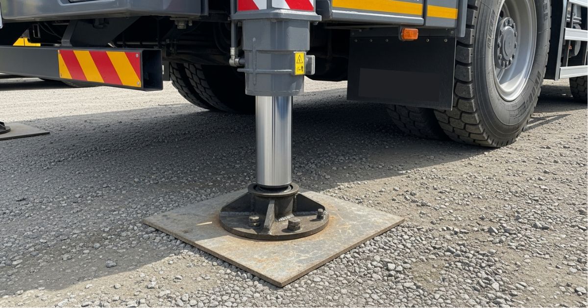 アウトリガーの足元に敷板を敷き、荷重を分散して接地している状態のアップ