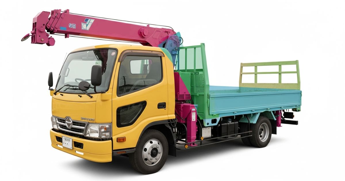 ユニック車をトラック本体・クレーン装置・荷台の3ブロックに分けて示した全体イメージ