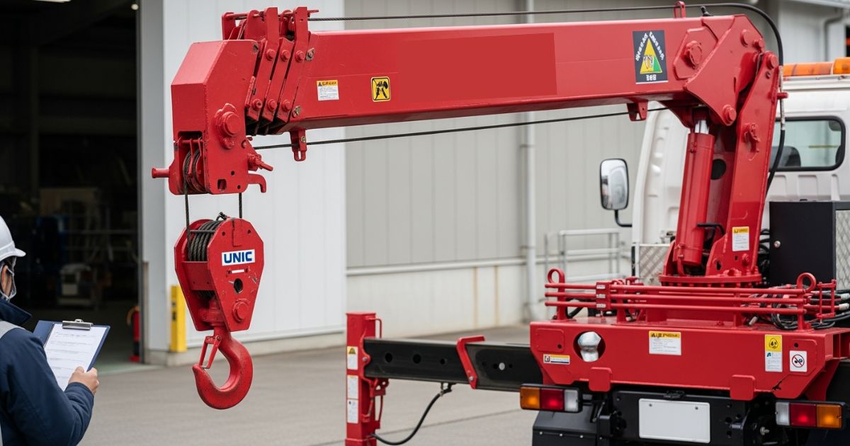 ユニック車の主要部位(ブーム・フック・ワイヤロープ・アウトリガー等)が分かるクローズアップ