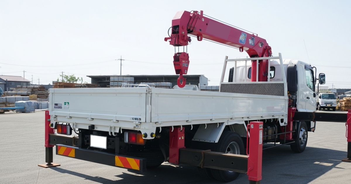 アウトリガーを展開して停止しているユニック車（クレーン付きトラック）の全体像