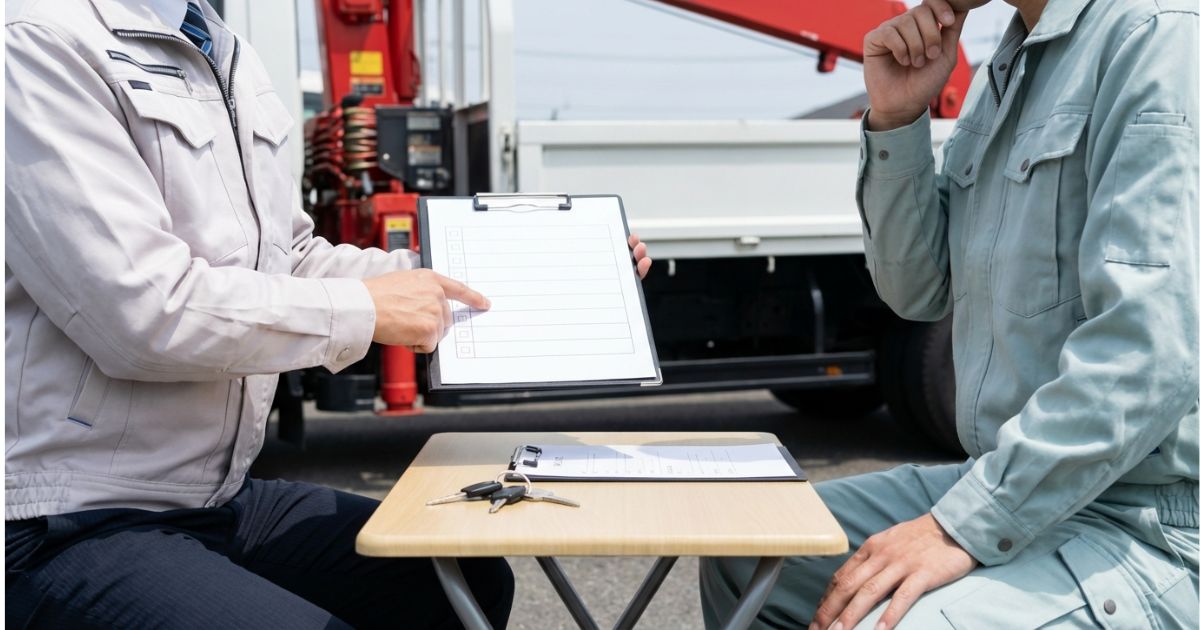 ユニック車レンタル時にチェックリストと鍵を確認する受け渡しの場面