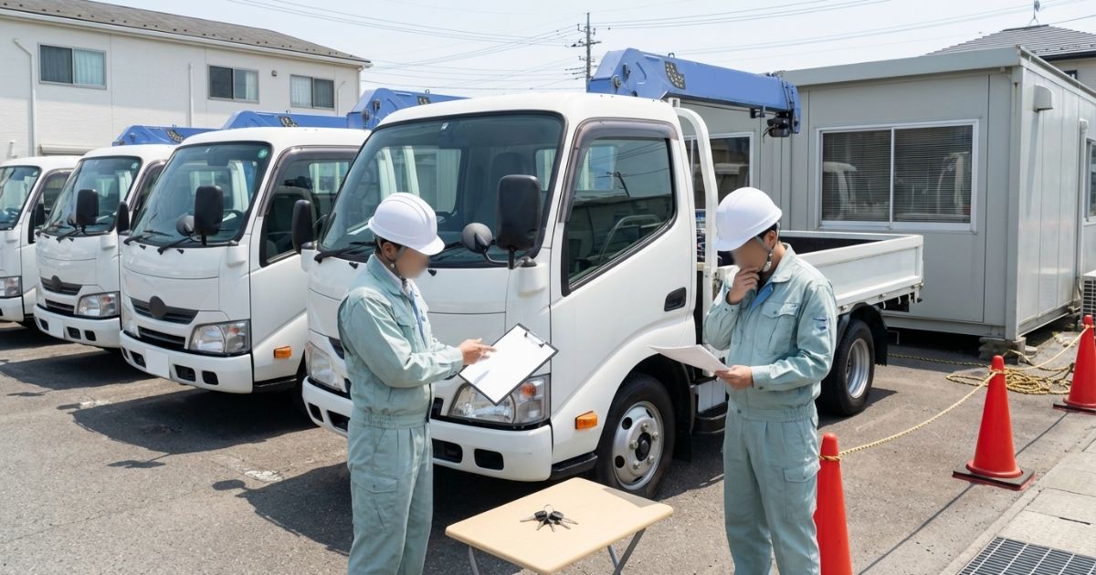 ユニック車レンタルで料金や付帯条件を受け渡し時に確認している様子