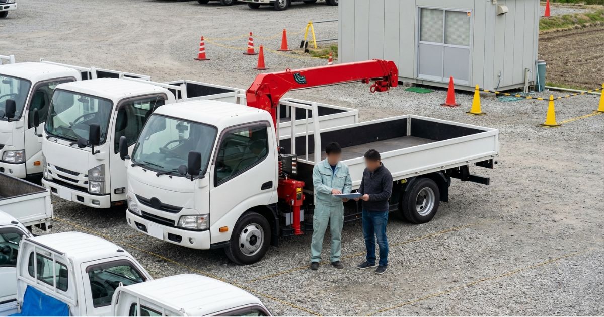 ユニック車レンタルの受け渡し確認を行う日本のレンタルヤードの様子