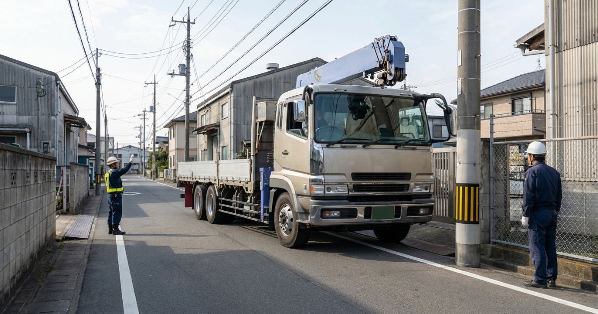 10tユニック車の進入時に道路幅や障害物との距離を確認し、取り回しの制約を確認している様子