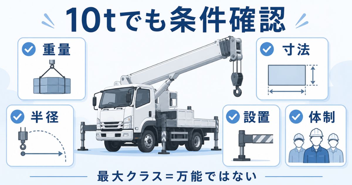 10tユニック車は最大クラスでも重量・半径・寸法・設置・体制の確認が必要なことを示す図解
