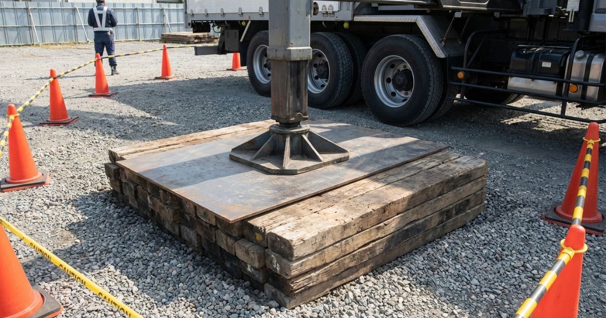10tユニック車のアウトリガーを敷板と鋼板で養生し、地盤条件を確認している設置場面