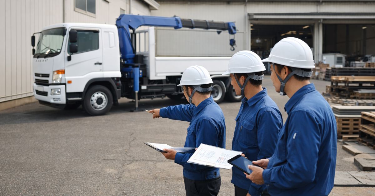 10tユニック車の手配前に担当者が安全条件と役割分担を確認している現場イメージ