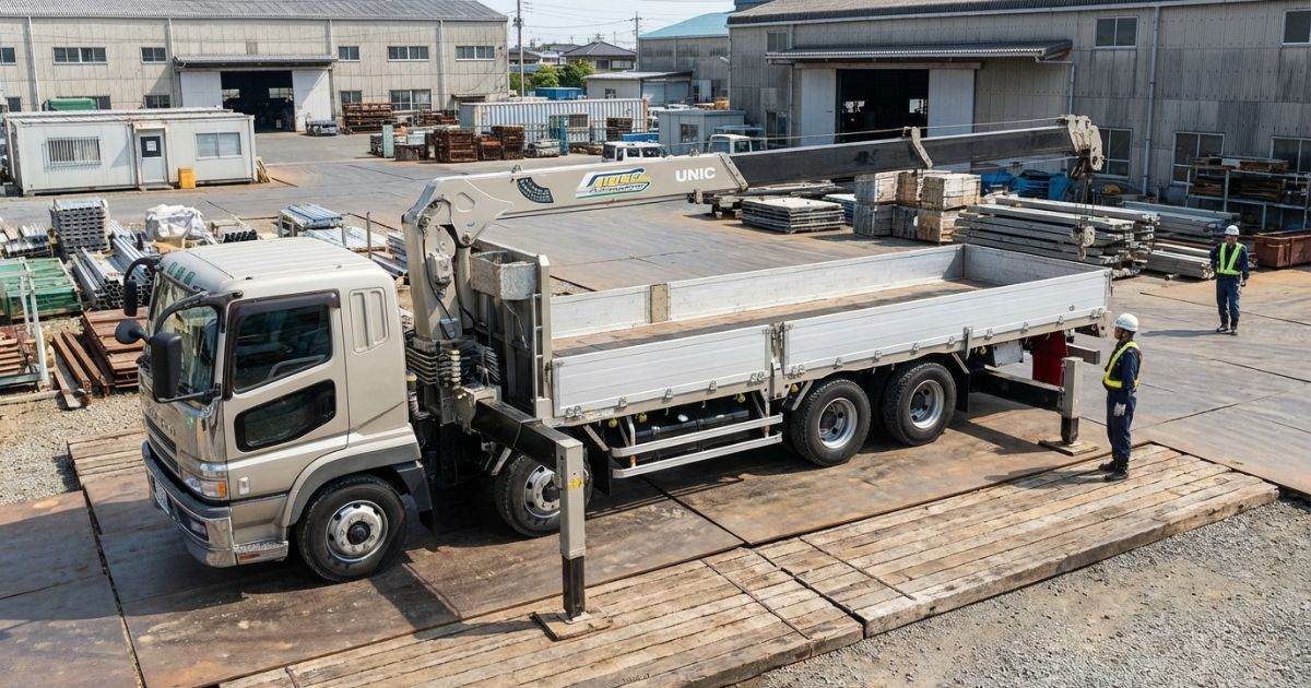 10tユニック車が大型キャビンと3軸シャーシで停車し、最大クラスのサイズ感が分かる現場