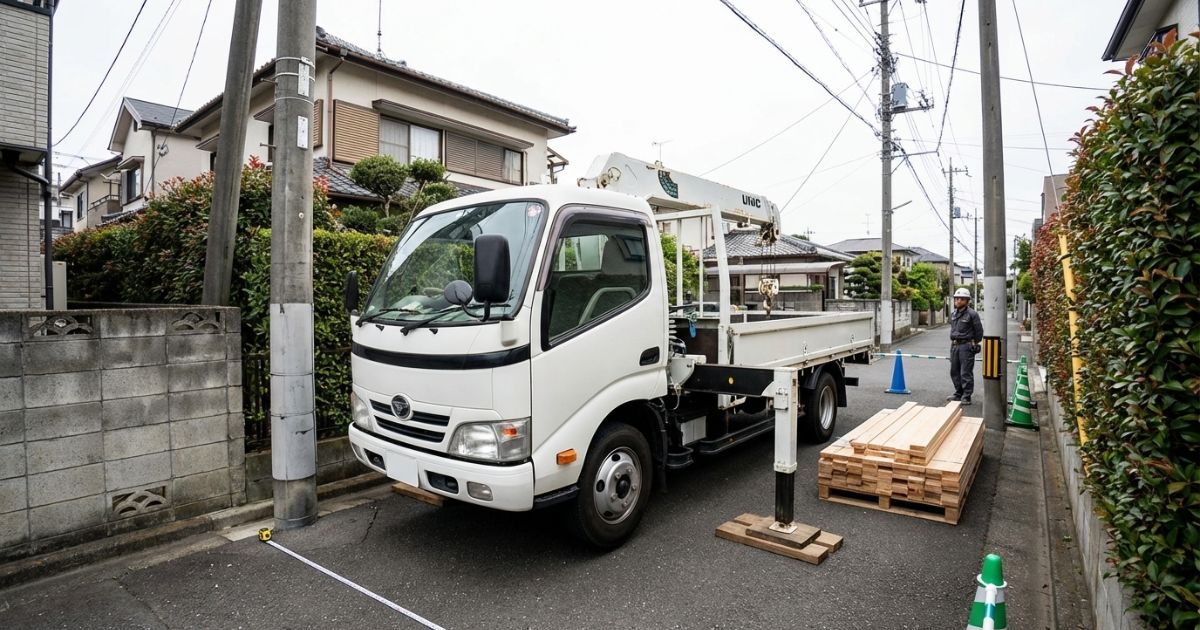 2tユニック車がアウトリガーを展開して停車し、周囲の障害物やスペース制約が分かる構図