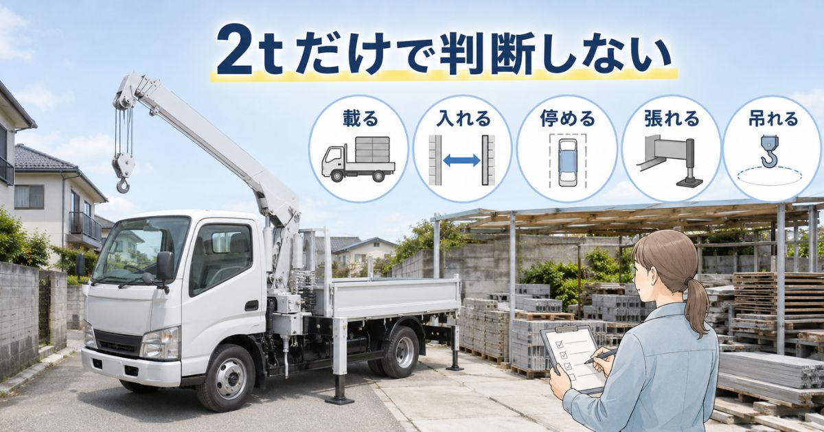 2tユニック車を数字だけで判断せず載る・入れる・停める・張れる・吊れるを確認するアイキャッチ